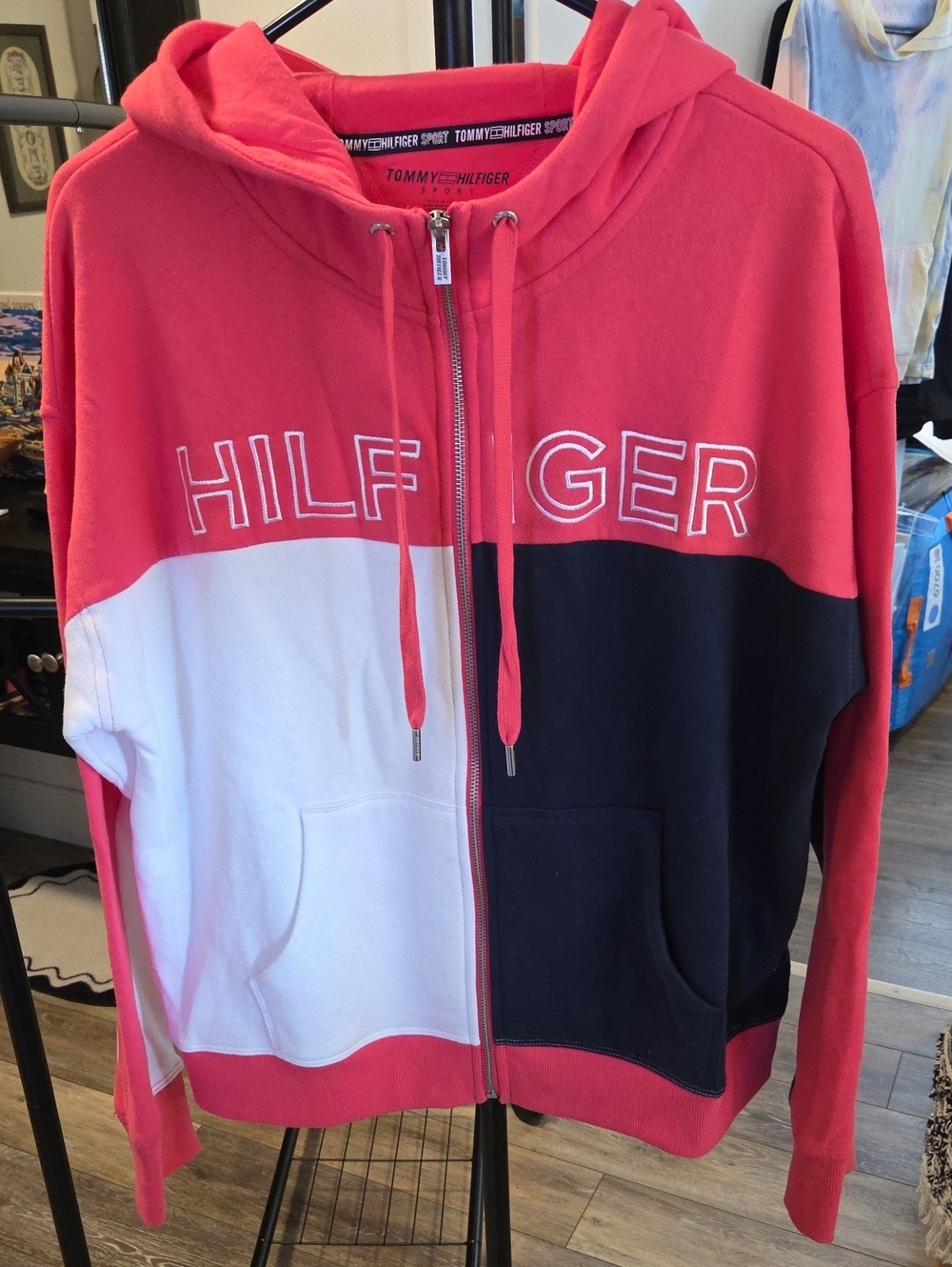 Tommy Hilfiger Sport  Pink, White & Navy Colorblock Zip Hoodie Size Large